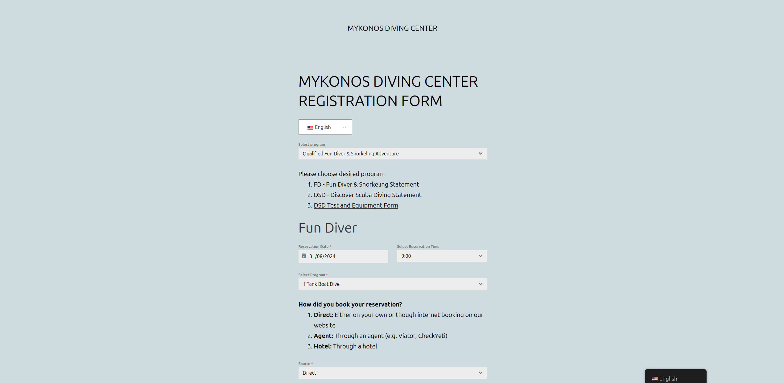 Diving Center On Site Registration Forms